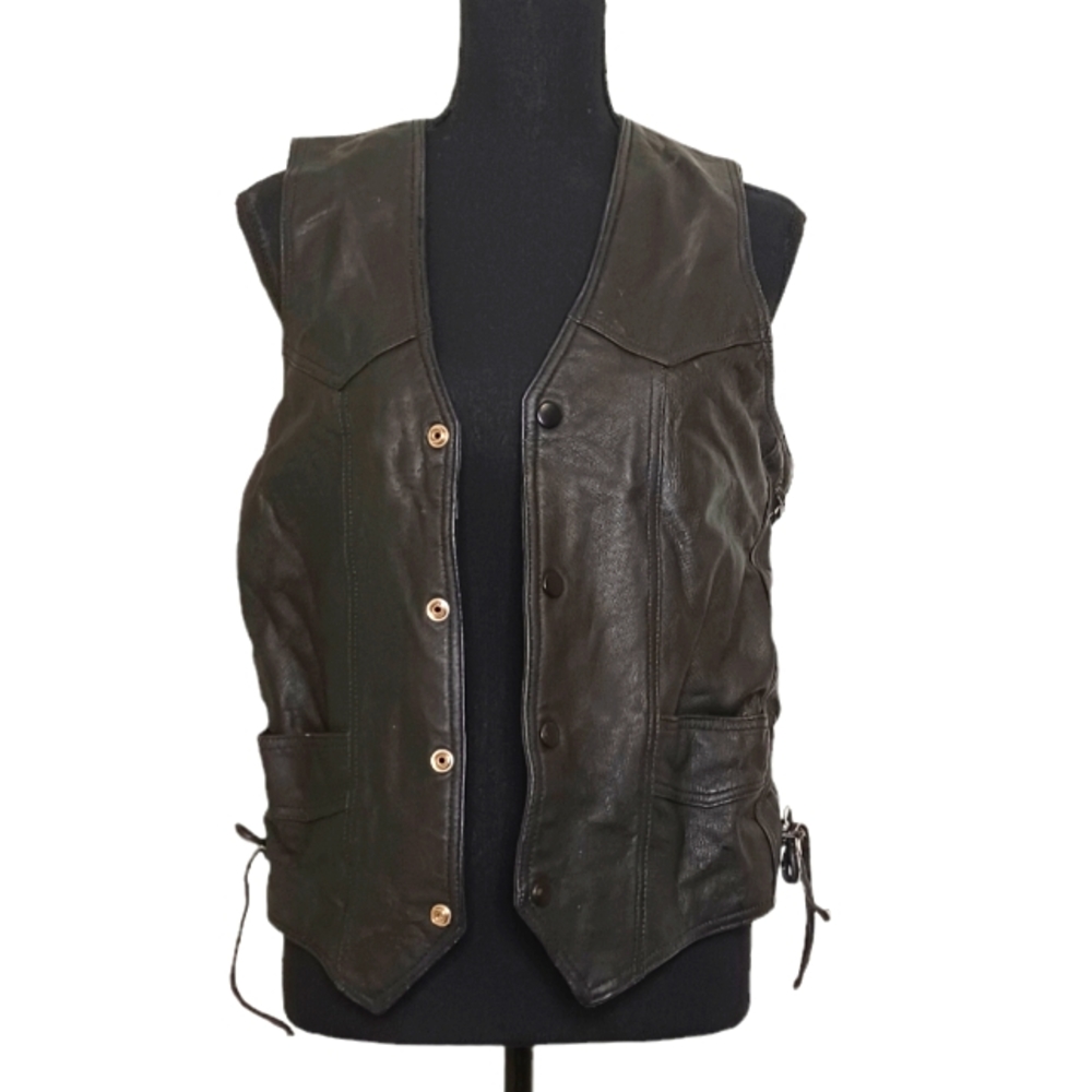 VTG Leather Lace-Up Snap Front Moto Vest Women's Sz Med Black Vintage